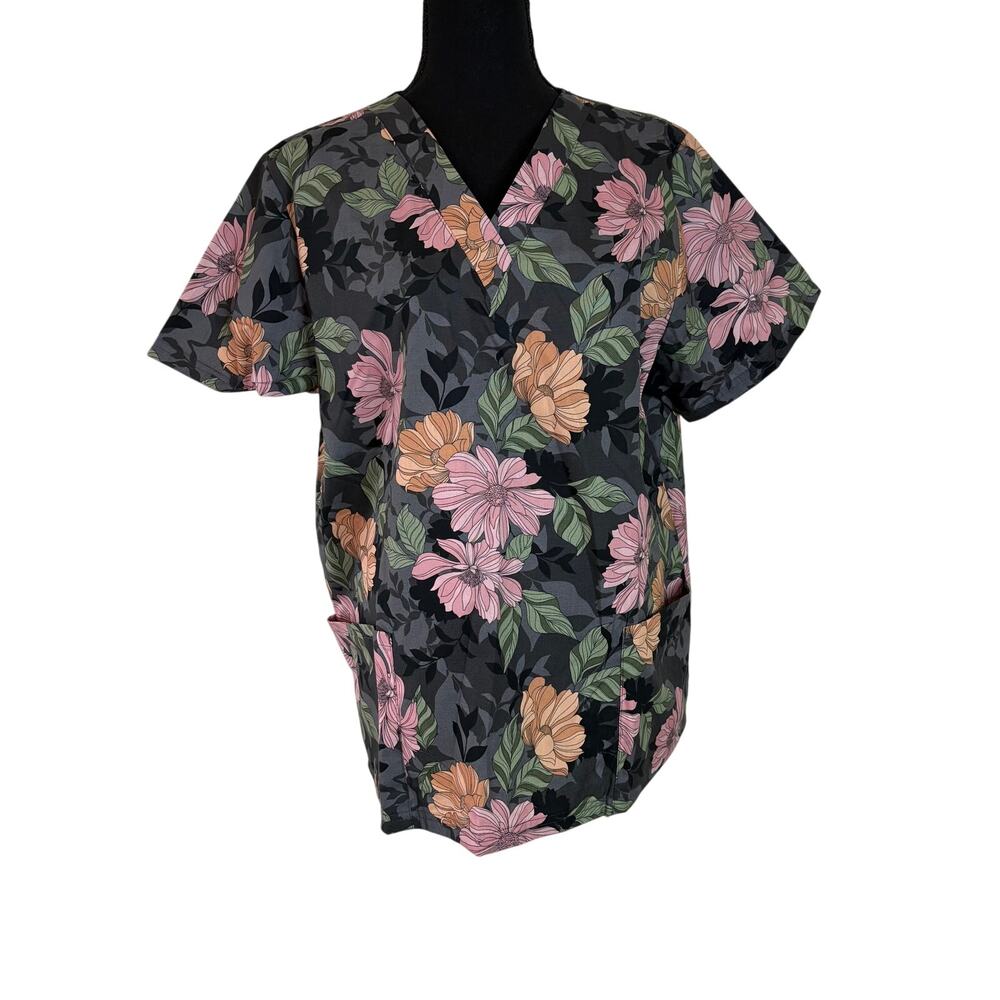 Butter-Soft Floral Scrub Top L Gray Pink